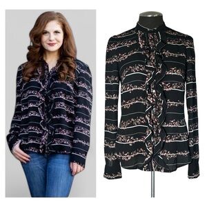Worthington – Floral and Bird Stripe Long Sleeve Button Down Blouse – Small